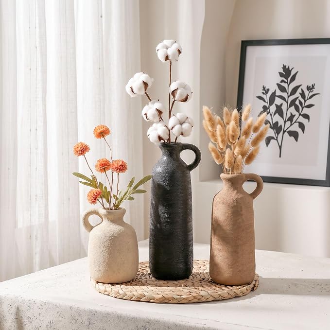 Ceramic Vase Set, 3Pcs Flower Vases for Modern Boho Farmhouse Decor, Decorative Vases for Pampas Grass & Dried Flowers, Distressed Finish