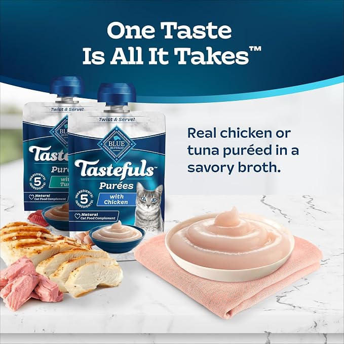 Blue Buffalo Tastefuls Purées Variety Pack, Natural Cat Food Complement, Resealable Twist Cap Pouches, Chicken and Tuna, 3-oz (Pack of 24), 12 of Each Flavor