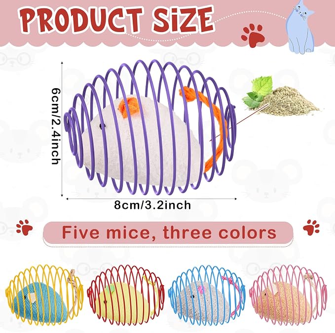 Jecery 5 Pcs Cat Toys Spring,Catnip Rats,Soft Color