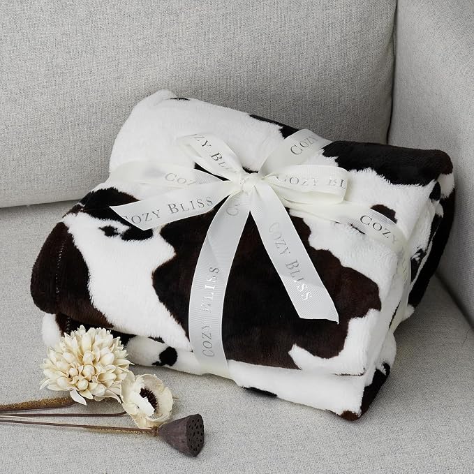 Cozy Bliss Cow Print Throw Blanket for Bed - Super Fuzzy Thick Soft Warm Fleece Blankets for Couch & Room Décor, for Women Men Girls Kids, Dark Brown Queen Size 90"*90"