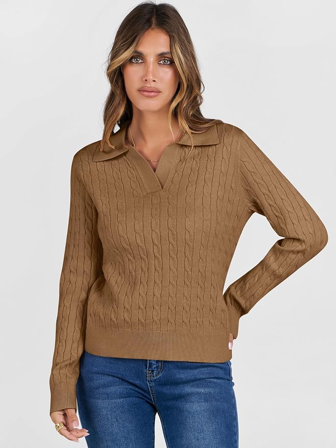 ANRABESS Womens Cable Knit Sweaters Long Sleeve V Neck | Pullover Collared Sweater Tops, Polo Knit Shirts, Business Casual Work, Tennis Golf, Fall Winter Fashion Outfits