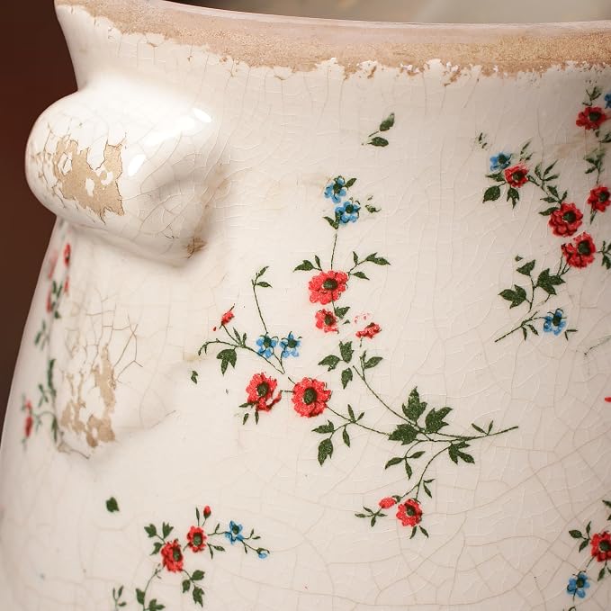Shabby Chic Vase & Flower Pot with Drainage, 6.68" Ceramic Vases Pottery | Indoor/Outdoor Planter, Country Chic Decor, Perfect for Office Room Garden Balcony Mantel Fireplace Table & Shelf, Red Floral