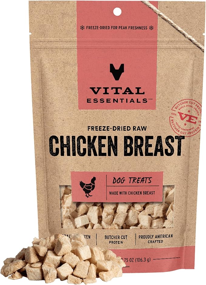 Vital Essentials Freeze Dried Dog Treats, Chicken Breast, 3.75 oz Bag | Single Ingredient, Premium Quality Protein, Grain-Free Training Treats, USA Made with U.S. & Globally Sourced Ingredients