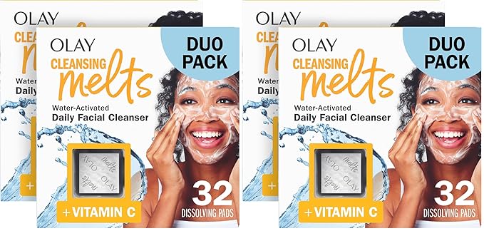 Olay Face Wash, Vitamin C Cleansing Melts, Daily Use Gentle Cleanser, For All Skin Types, Travel Size, Soft Citrus Scent, Water-Activated to Clean, Tone, and Refresh, 64ct (x 32ct), (Pack of 4)