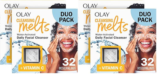 Olay Face Wash, Vitamin C Cleansing Melts, Daily Use Gentle Cleanser, For All Skin Types, Travel Size, Soft Citrus Scent, Water-Activated to Clean, Tone, and Refresh, 64ct (x 32ct), (Pack of 4)