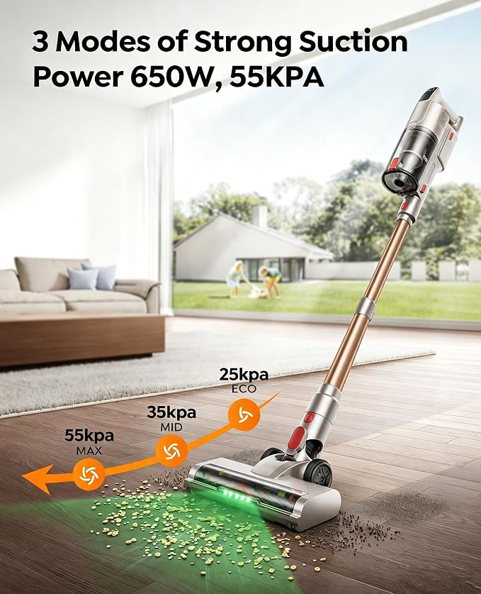 Cordless Vacuum Cleaner 650W 55KPA, 60Mins Stick Vacuum Cordless Rechargeable with 90° Folding Tube, Adjustable Height, Anti-tangle Brush, Wall-Mount, Handheld Vacuum Cleaner for Home/Pet Hair/Floors