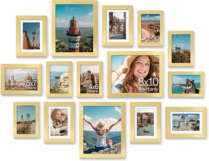 Vittanly 15 Pack Picture Frames Collage Wall Decor, Wall/Tabletop Display | Gold, Multi-Size Gallery Wall Frame Set: 3pcs 8x10, 6pcs 5x7, 6pcs 4x6. Picture Frame Set for Family