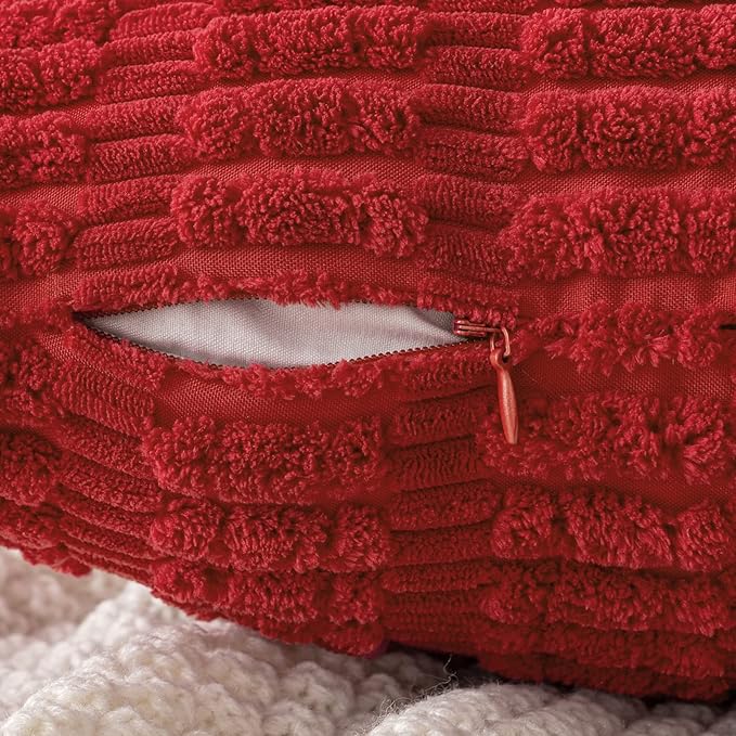 MIULEE Euro Sham Corduroy Decorative Throw Pillow Covers 22x22 Red Set of 2 | Soft Boho Striped Pillow Covers Modern Farmhouse Home Decor For Sofa Living Room Couch Bed