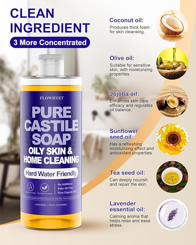 Pure Castile Soap Liquid Lavender 33.8 fl oz – Natural & Vegan Body Wash for Oily & Sensitive Skin, Hard Water Friendly Bath Soap Liquid for Body,Face, Laundry Soap & Home Cleaning 1L