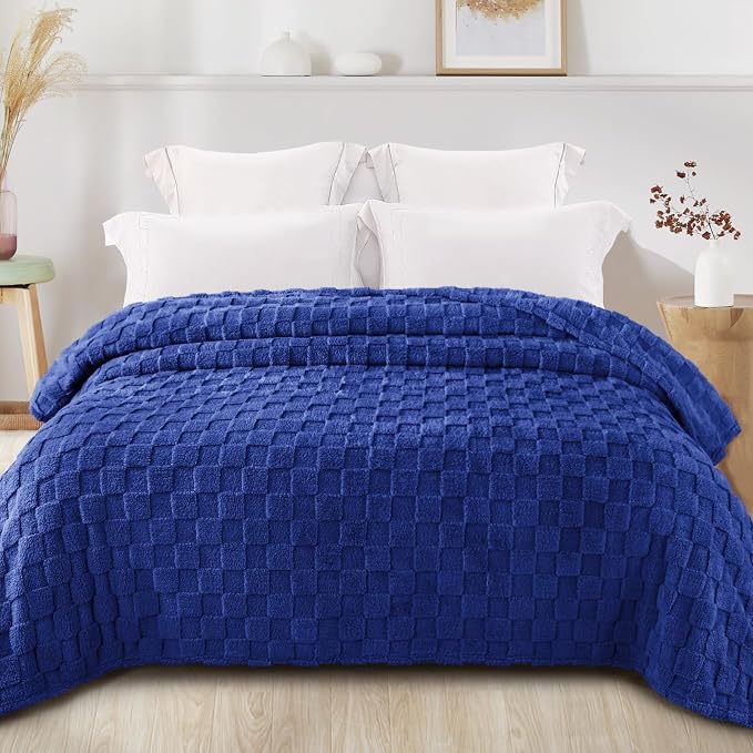 Exclusivo Mezcla 3D Checkered Fleece Queen Blanket for Bed, Cobalt Blue | Super Soft and Cozy Fluffy Blanket, Lightweight, Breathable, Decorative Blanket for Living Room, Bedroom, All Season, 90"x90"