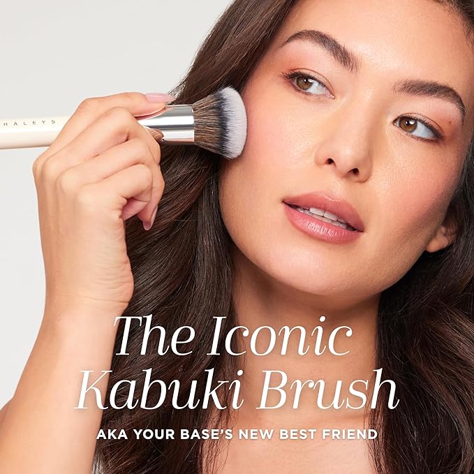 HALEYS Kabuki Makeup Brush + 6 Mini Skin Tint Foundations – Vegan Blending Brush for Liquid, Cream & Powder, Flawless Airbrushed Base Kit for Travel and Gifting