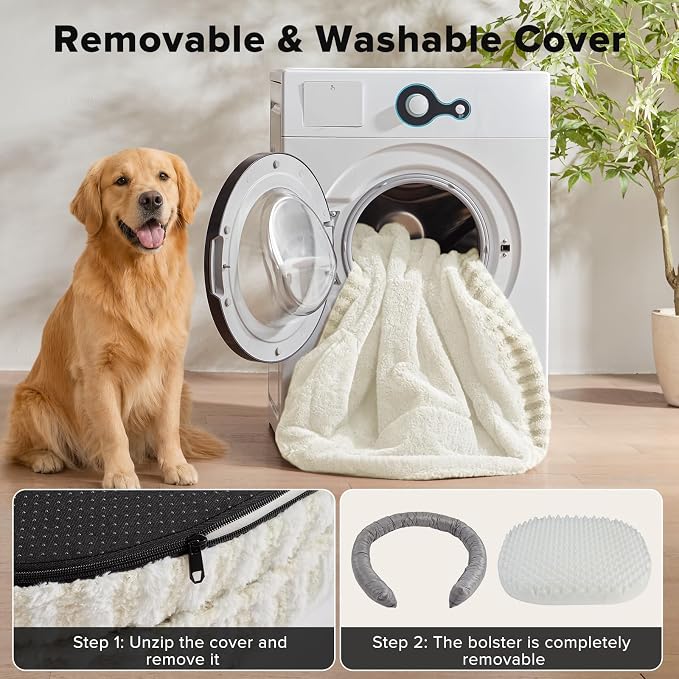 MIXJOY Orthopedic Dog Beds Large Sized Dog,Extra Large Washable Dog Bed Waterproof Oval Dogs Bed with Removable Cover,Egg-Crate Foam Big Pet Bed Couch with Bolster,Non-Slip Bottom,XL 42"X32",White
