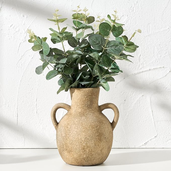 SIDUCAL Rustic Ceramic Farmhouse Flower Vase with 2 Handles, Terracotta Vase, Decorative Pottery Flower for Home Decor, Table, Wedding, Living Room, Shelf Decor, 7.3 Inch, Brown