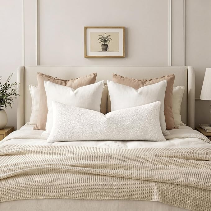 MIULEE Textured Boucle Lumbar Pillow Cover for Bed 14x36 White | Pack of 1 Textured Neutral Couch Throw Pillow Cover, Accent Solid Long Body Pillowcase, Sofa Living Room Home Decor