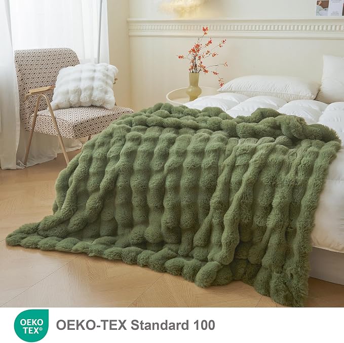 LIFEREVO Luxury Fluffy Faux Rabbit Fur Throw Blanket 60x80, Sage Green | Plush Fuzzy Bubble Lap Throw for Couch Sofa Office, Soft Moss Furry Bed Blanket Home Decoration, Washable & Skin-friendly