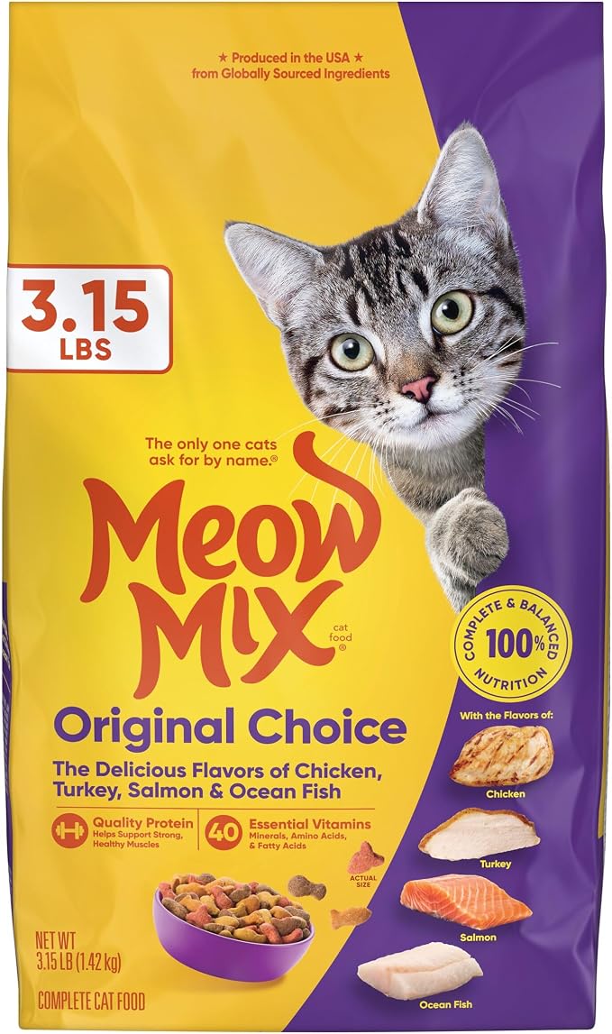 Meow Mix Original Choice Dry Cat Food, 3.15 lb Bags | 4-pack, crunchy cat kibble, 100% complete & balanced nutrition, high quality protein & antioxidants, all life stages