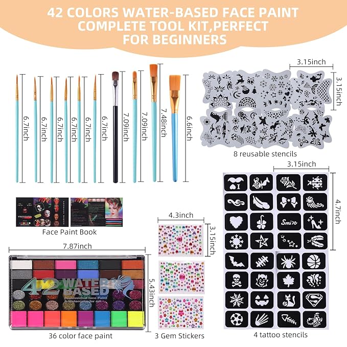 Face Painting Kit for Kids with Book,Stencils,Brushes,Non Toxic Water Activated Face Paint Palette For Halloween,Carnival,Party Costume Makeup Any Creative Activity with Kids (42 Colors)