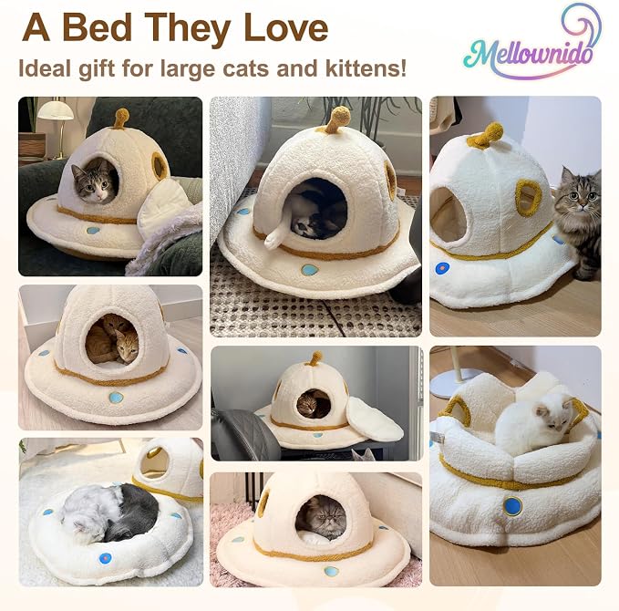 Cat House for Indoor Cats - 2 in 1 UFO Large Cat Bed Cave | Soft Sherpa Fabric, Calming Cozy Hideaway, Removable & Washable Cushion, Spacious for Multi-Cat Families (Up to 25 Lbs)