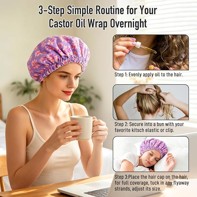 Castor Oil Pack Wrap Organic Cotton for Hair Growth, Overnight Hair Wrap for Sleep, Reusable Hair Mask Cap for Castor Oil Treatment of Balding,Thinning Dry and Damaged Hair(Oil Not Included) Purple, S
