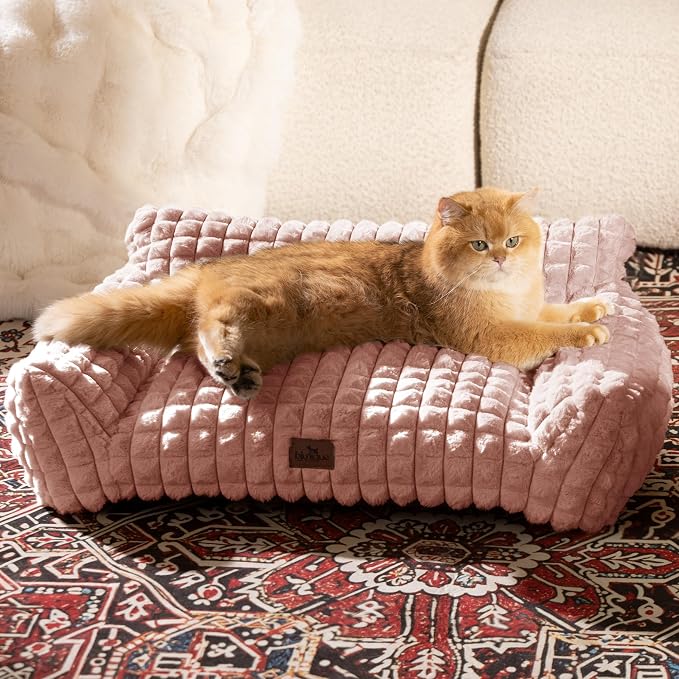 Cat Couch Bed with Fluffy Faux Rabbit Fur for Indoor Cats, 30 Inch | Cute Fuzzy Cat Sofa Recliner With Washable Cover, Suppportive Cozy Pets Couch in 3D Diamond Pattern, Pink