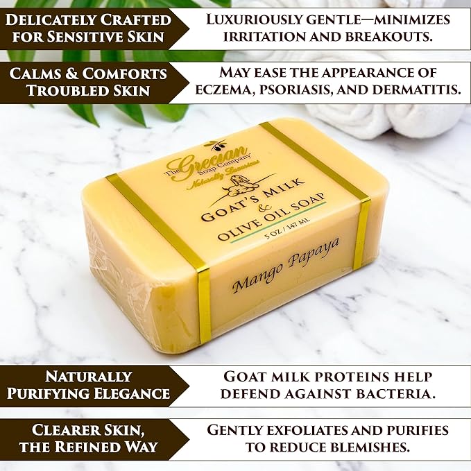 The Grecian Soap Company Goat Milk & Olive Oil Soap Bar 3-Pack – Mango Papaya Scent, Natural Bar Soap for Dry & Sensitive Skin, Moisturizing & Nourishing Body & Face Soap Bars, Handmade in USA