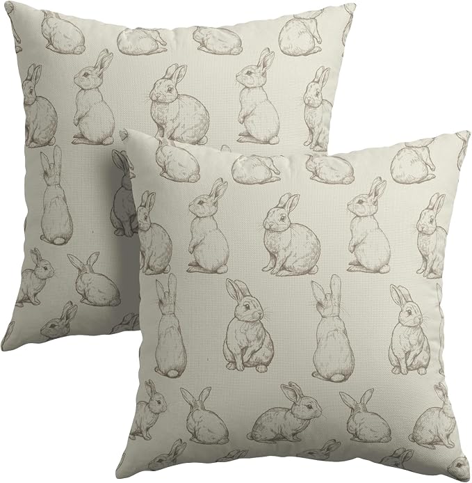 Kawani Vintage Farmhouse Bunny Pillow Covers 22x22 Set of 2 Green Rabbits Holiday Decorative Throw Pillow Cases Cotton Linen Cushion Cover for Sofa Couch Porch Patio Bench Home Decor