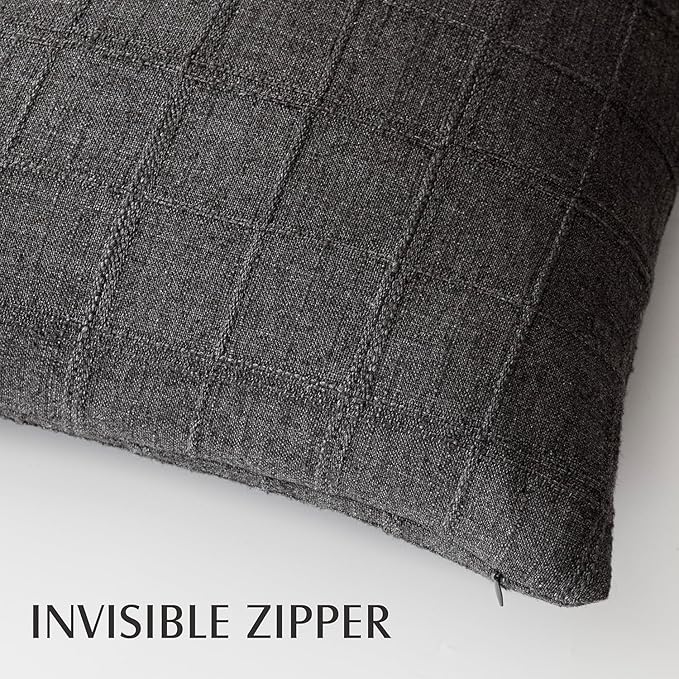 Foindtower Set of 2 Decorative Linen Check Throw Pillow Covers Neutral Long Body Lumbar Cushion Covers Farmhouse Vintage Home Decor for Sofa Chair Couch Bedroom Living Room,14×36 Inch,Charcoal