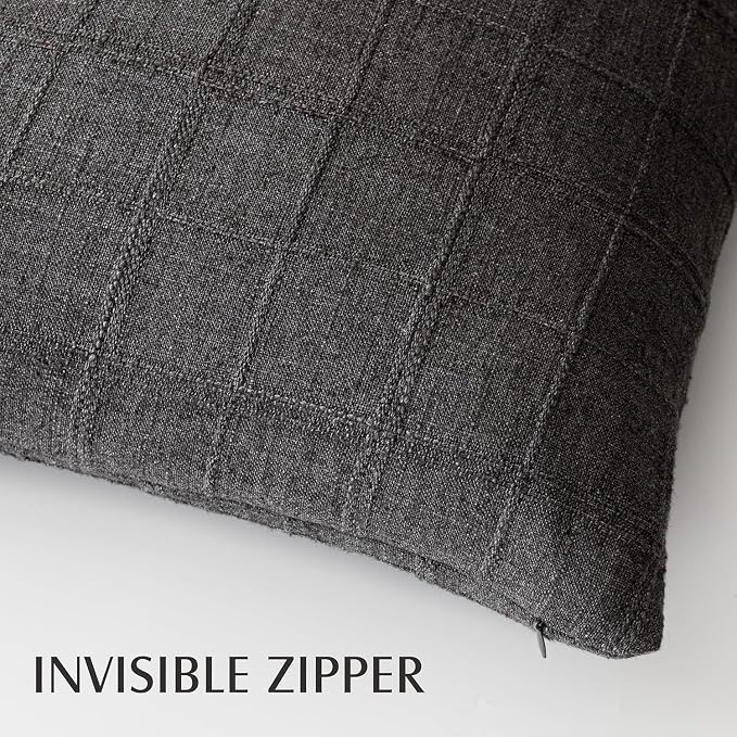 Foindtower Set of 2 Decorative Linen Check Throw Pillow Covers Neutral Farmhouse Vintage Cushion Covers Modern Boho Home Decor for Sofa Chair Couch Bedroom Living Room,26×26 Inch,Charcoal