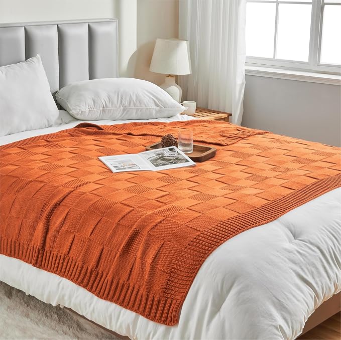 CozeCube Rust Orange Knitted Checkered Throw Blanket 60"X80" | Check Knit Throw for Couch, Decorative Christmas Soft Cozy Warm Blanket for Bed Sofa Living Room