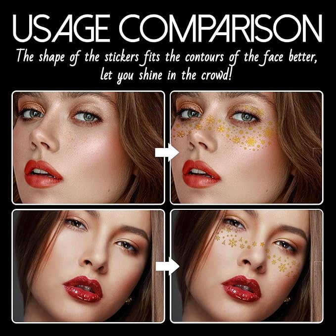 Christmas Freckle Temporary Tattoos - Gold Glitter Snowflake Face Stickers for Women & Girls, Winter Holiday Party Festival Makeup, Easy Apply Face & Body Decals (8 Sheets)
