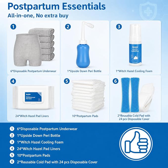 Postpartum Recovery Kit for New Moms, Upside-Down Peri Bottle, Disposable Underwear, Maternity Pads, Cooling Liners, Witch Hazel Foam, Reusable Cold Packs & Sleeves, Hospital Bag Essentials