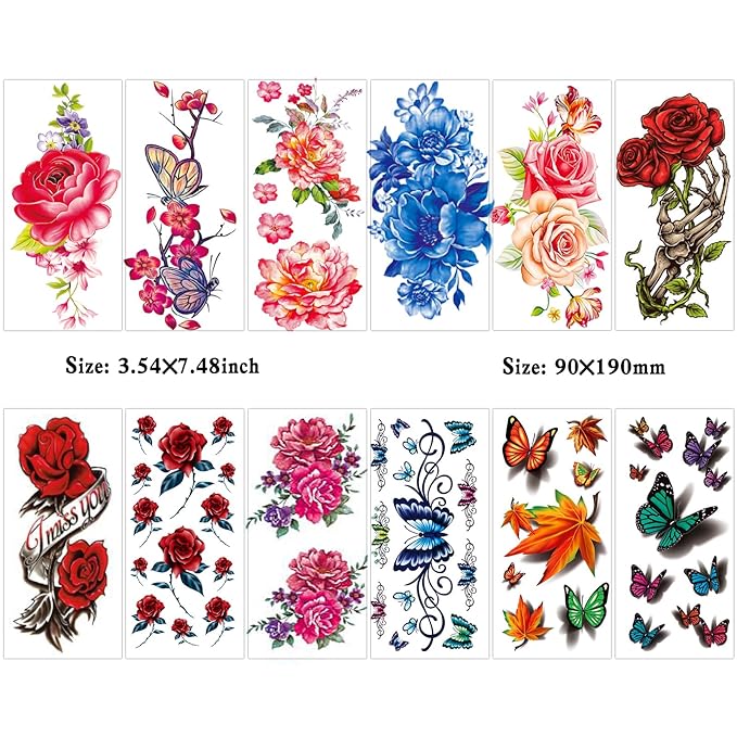 82 Sheets Flowers Temporary Tattoos Stickers, Roses, Butterflies and Multi-Colored Mixed Style Body Art Temporary Tattoos for Women, Girls or Kids