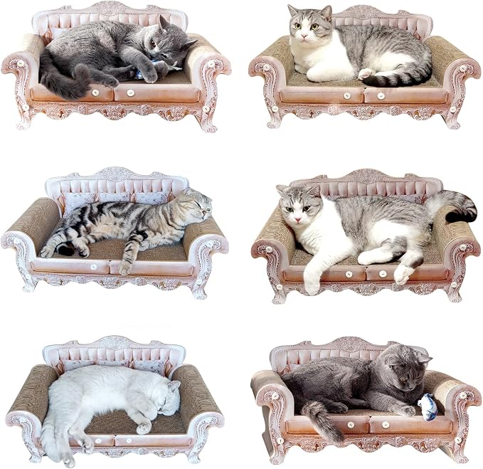 miwoowim Royal Cat Scratcher Sofa & Box, Durable Cardboard Furniture Guard | Luxury 2PCS Set, 23" Unique Couch & 17.3" Cute Box with Scratch Corrugated Pad, Modern Large Lounger for Indoor Cats