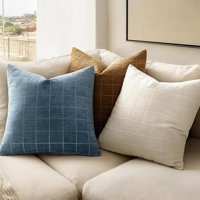 MIULEE Blue Plaid Decorative Throw Pillow Covers 20x20 Set of 2 | Vintage, Check Chenille Couch Pillows, Neutral Boho Farmhouse Cushion Covers, Modern Home Decor for Sofa Bed Living Room