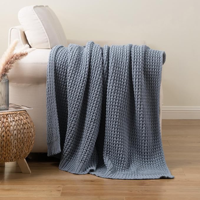 Blue Grey Throw Blanket for Couch, Waffle Knitted Throw Blanket 60"x80" | Chunky Chenille Throw Blanket, Soft Blue Throw Blanket for Home Decor, Sofa, Modern Farmhouse Knit Style