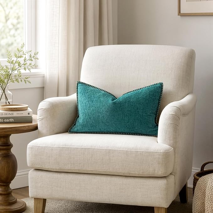 MIULEE Decorative Lumbar Throw Pillow Covers 12x20 Inch Teal 2 Pack | Farmhouse Pillow Covers with Stitched Edge, Soft Chenille Cushion Cases, for Couch Sofa Bed Living Room Home Decor