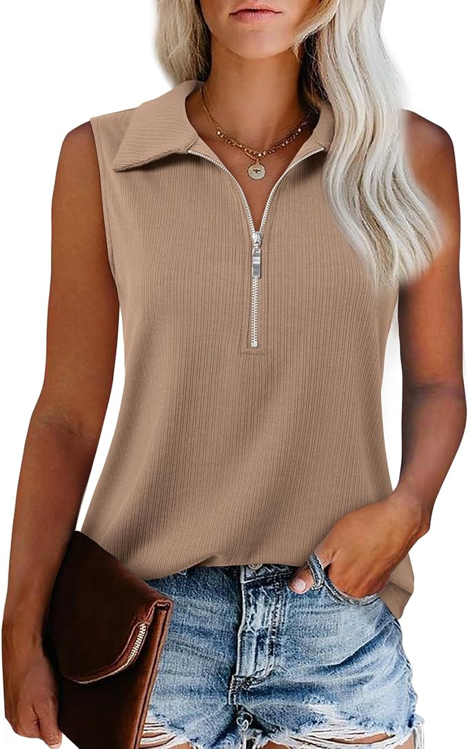 Vivilli Womens Ribbed Tank Top Zipper V Neck Dressy Casual Blouses Sleeveless Camisole Tops Work Tank Polo Shirts
