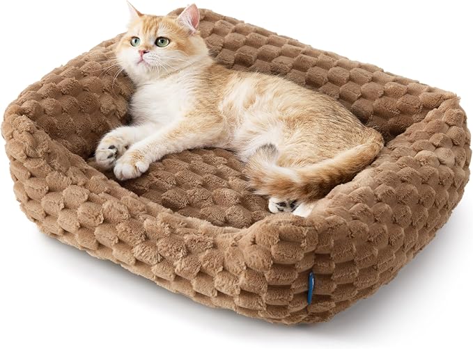 Bedsure Washable Cute Cat Bed for Indoor Cats & Kitten,20 Inch Camel Brown | Bubble Fleece Kitten Bed, Cuddler Cat Couch with Neck Bolster for Small Dogs, Machine Washable, Anti-Slip Base, Up to 8 lbs