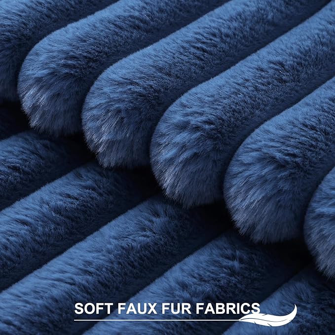 Pallene Faux Fur Decorative Throw Pillow Covers 16x16 Set of 2, Navy Blue | Luxury Plush Texture, Striped Design, Cozy Soft Touch, Modern Home Accent Decor for Couch, Sofa, Bed, Living Room