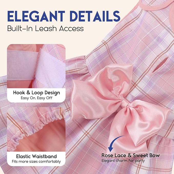ASENKU Dog Dress Pet Wedding Dress Puppy Birthday Party Outfit, Plaid L | Dog Flower Girl Dress With Leash Hole, Princess Puppy Dress For Weddings, Daily Wear, Fits Small Medium Large Dogs Cats