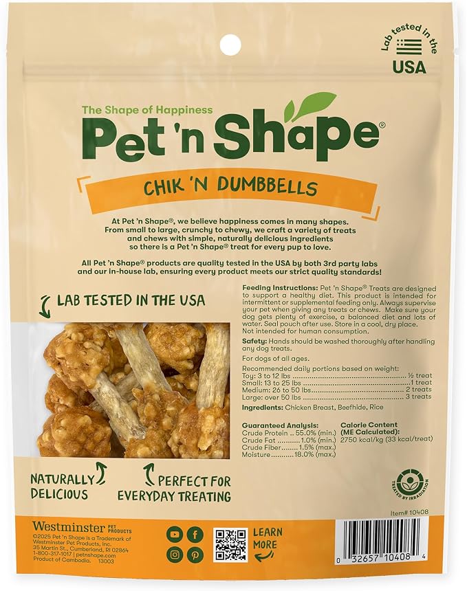 Pet 'n Shape Chik 'n Rice Dumbbells Dog Treats - 8 Ounce | Premium chicken breast, Rice recipe, Limited ingredients, Wheat and soy free, Bite-sized snack, For all life stages