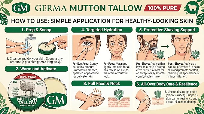 Germa Mutton Tallow Cream - 100% Pure Sebo Flandes Moisturizer for Hands & Sunburn Relief, Adult Skin Care, 0.7oz
