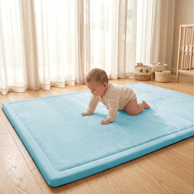 ACOMOPACK Baby Play Mat for Floor 1.3" Thick Memory Foam Play Mat 59"×71" Tummy Time Crawling with Non-slip Bottom for Living Room,Nursery,Soft Velvet Playpen Mats for Kids,Infants（Light Blue）