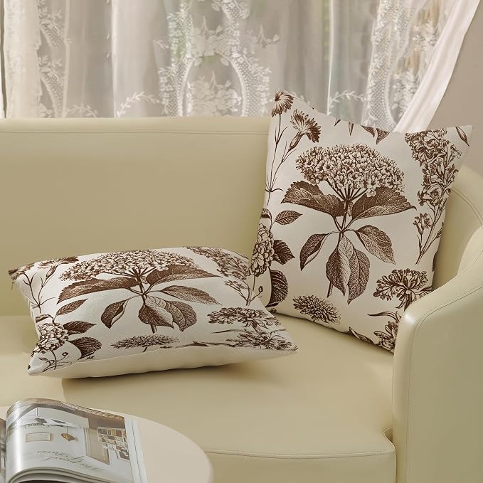 Floral Pillow Covers 18x18 Set of 2 Vintage Brown Hydrangea Herbs Botanical Throw Pillow Cover Outdoor Decoration Boho Flower Pillowcase Farmhouse Decorative Cushion Case for Home Sofa Couch