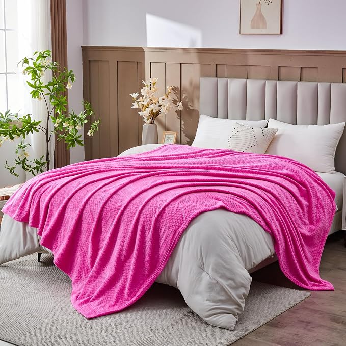 NEWCOSPLAY Fleece Leaves Pattern Queen Blanket, Hot Pink, 90"x90" | Super Soft Throw Blanket, Lightweight Cozy Bed Sofa Blanket, Premium Silky Flannel Fleece, Travel Blanket for All Season Use