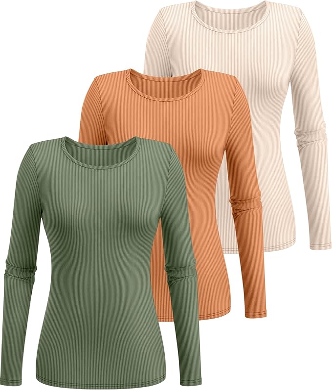 Ficerd 3 Pack Women's Ribbed Long Sleeve Tops, Crew Neck Slim Fit Undershirts Knit Basic Casual Stretch Layering Tee Shirts