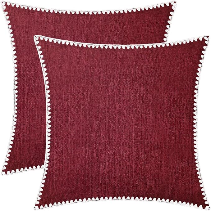 BRAWARM Chenille Throw Pillow Covers 22x22 Inches, Burgundy, 2 Pack | Decorative Pillow Covers with Shell Edge, Soft Cushion Cases for Sofa Bed Living Room Home Farmhouse (No Insert)