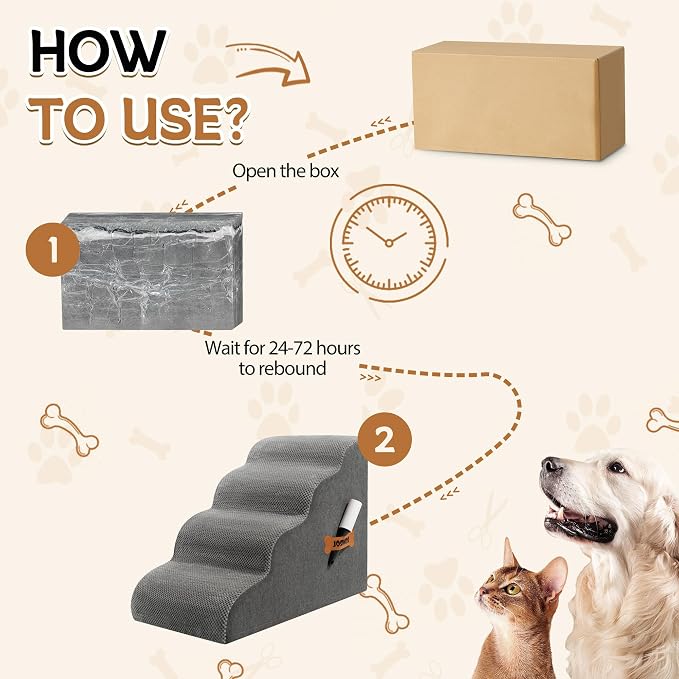 Dog Stairs, Romrol Dog Steps Ramp for High Bed and Couch, Dogs Ramp with Durable Non-Slip Waterproof Fabric Cover, Pet Stairs for Small Dogs and Cats or Pets Joints, 4-Tiers,Grey