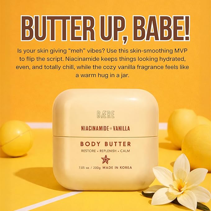 Niacinamide Body Butter With Vanilla - Dermatologist Tested, Anti Aging, Korean Skin Care - Replenish Moisture, Calm Comfort & Restore Barrier - Vegan, Clean Beauty, Cruelty Free - 7.05 oz