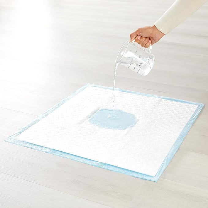 Amazon Basics Heavy Duty Dog and Puppy Pee Pads, Leak-Proof 5-Layer Super Absorbent, Quick-Dry Surface for Potty Training, Regular Size, 24x23", Blue & White, 50 Count